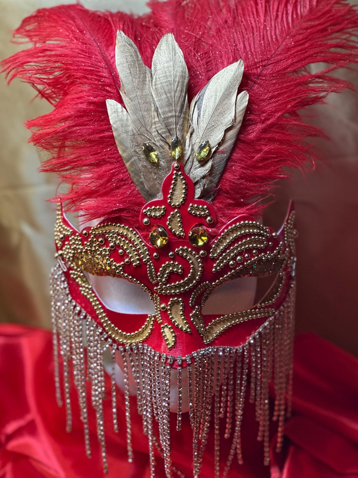 Royalty on Red: Feathered Masquerade Mask