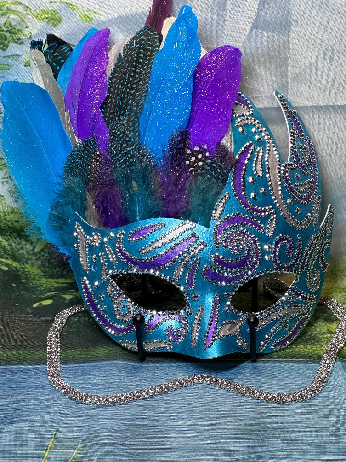 Feathered Masquerade Mask: Teal, Purple, and Silver Home Decor