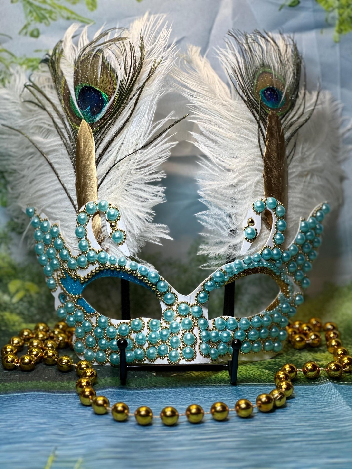 Beaded Masquerade Mask: Lakeside Tranquility