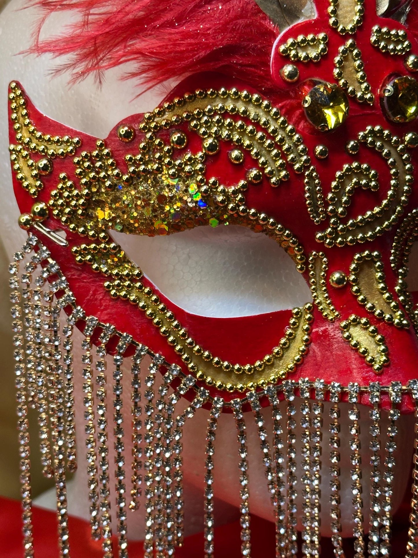 Royalty on Red: Feathered Masquerade Mask
