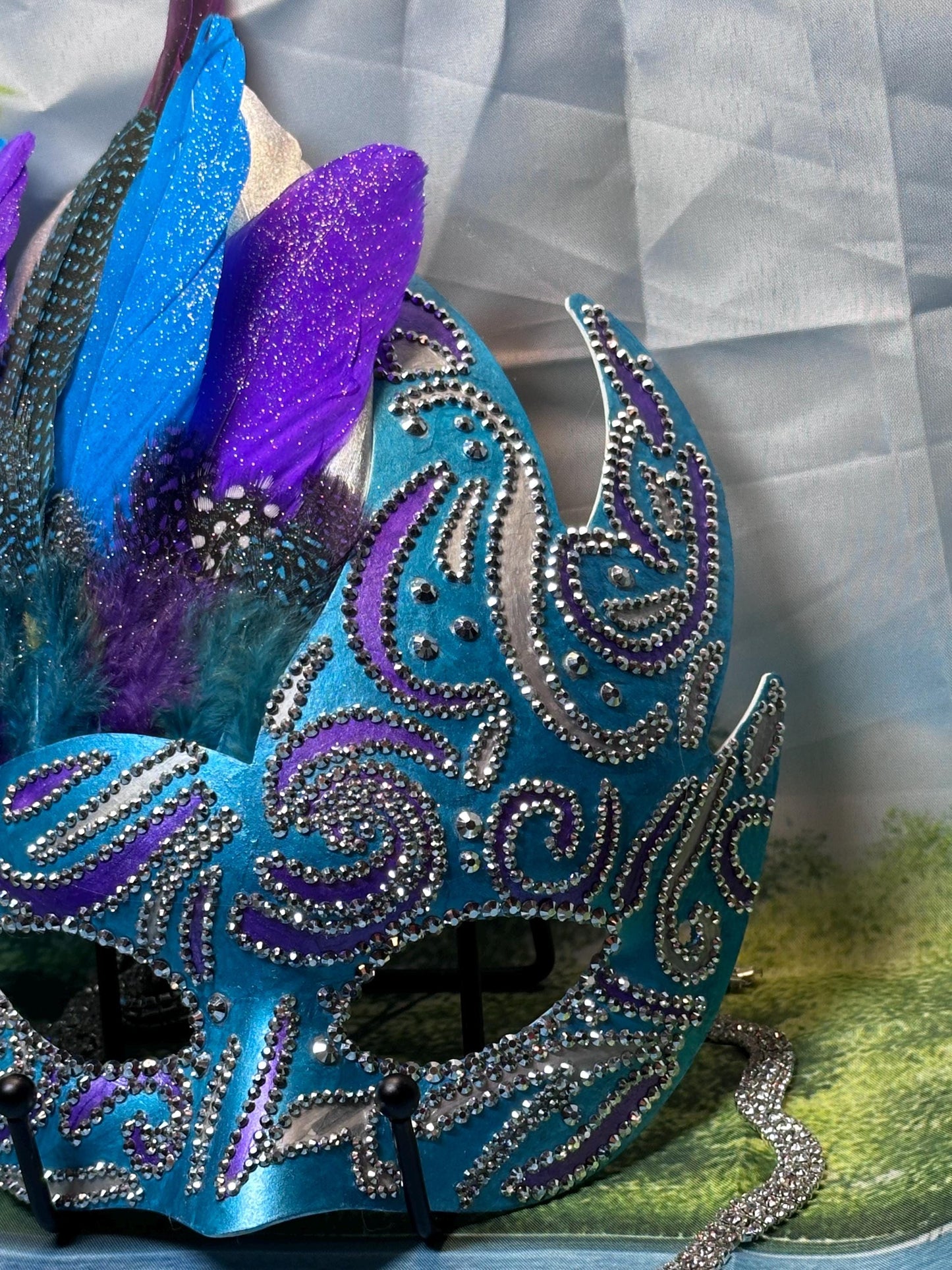Feathered Masquerade Mask: Teal, Purple, and Silver Home Decor