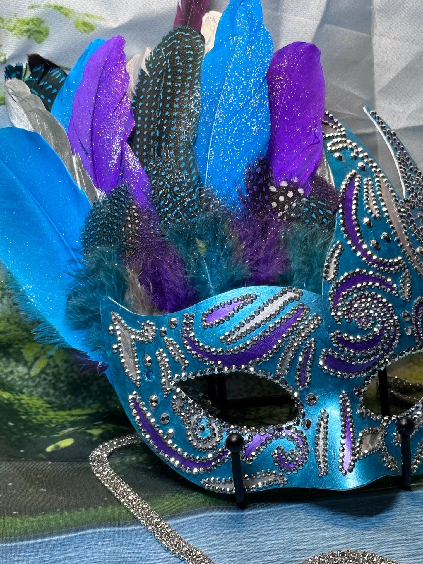Feathered Masquerade Mask: Teal, Purple, and Silver Home Decor