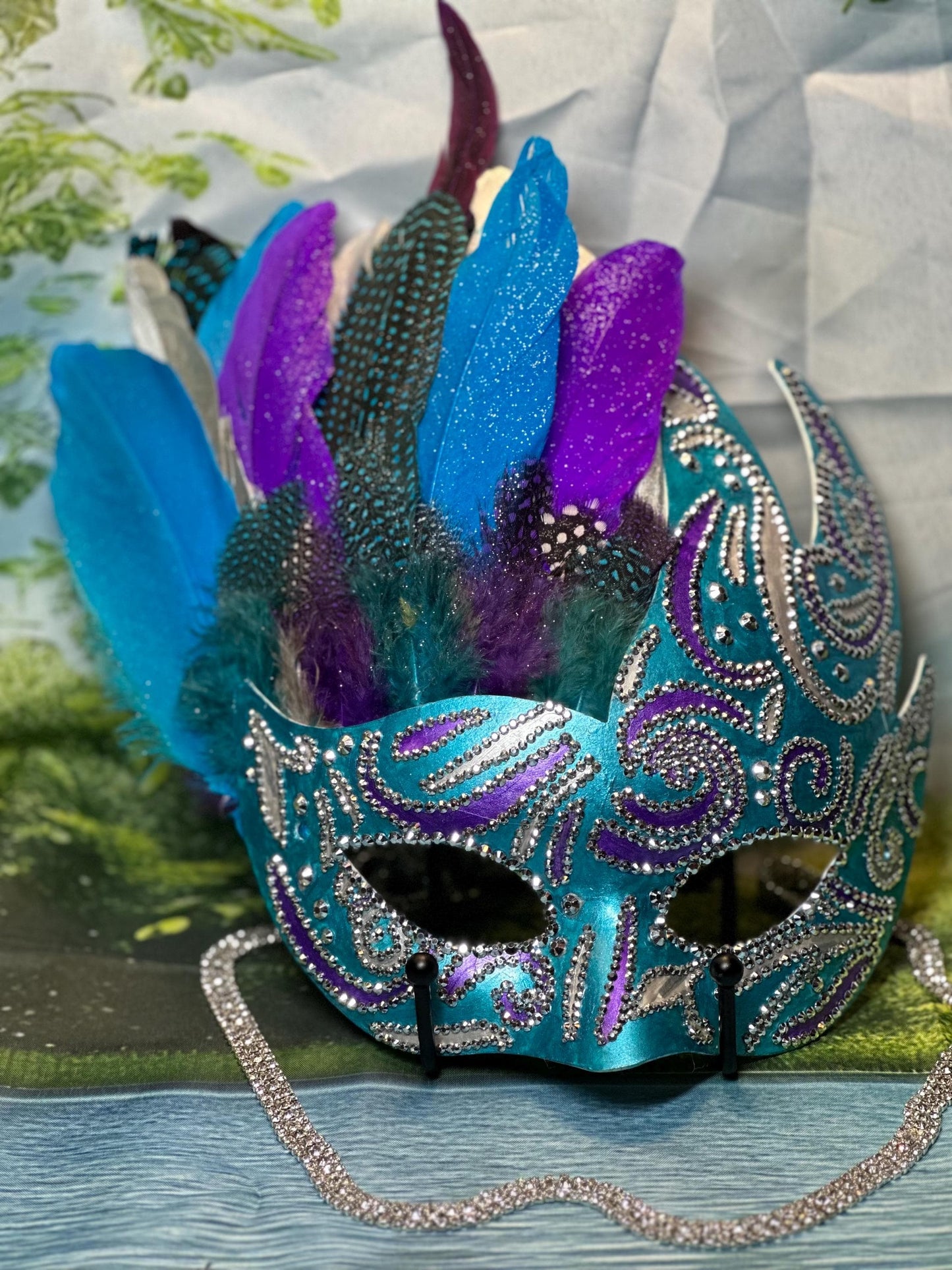 Feathered Masquerade Mask: Teal, Purple, and Silver Home Decor