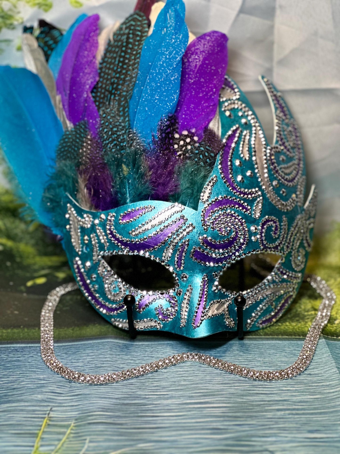 Feathered Masquerade Mask: Teal, Purple, and Silver Home Decor