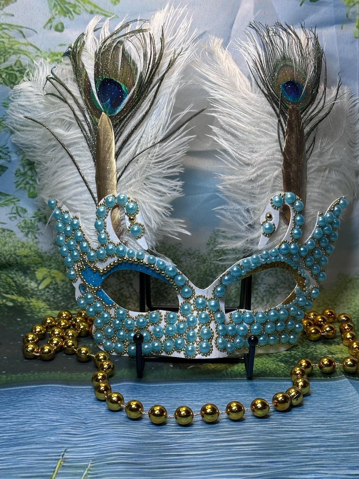 Beaded Masquerade Mask: Lakeside Tranquility