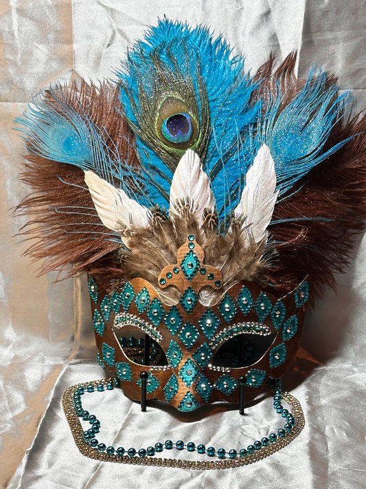 Feathered Masquerade Mask: Turquoise Espresso