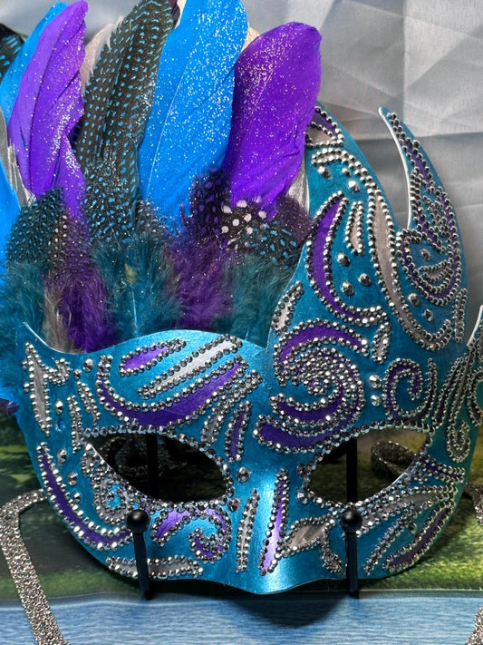 Feathered Masquerade Mask: Teal, Purple, and Silver Home Decor