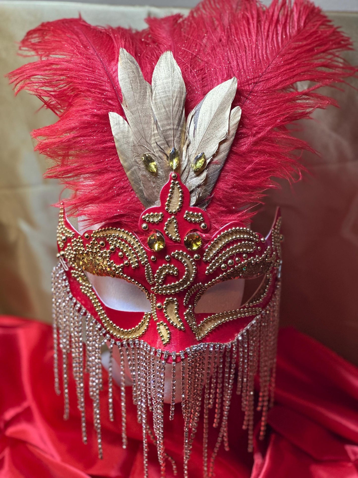 Royalty on Red: Feathered Masquerade Mask