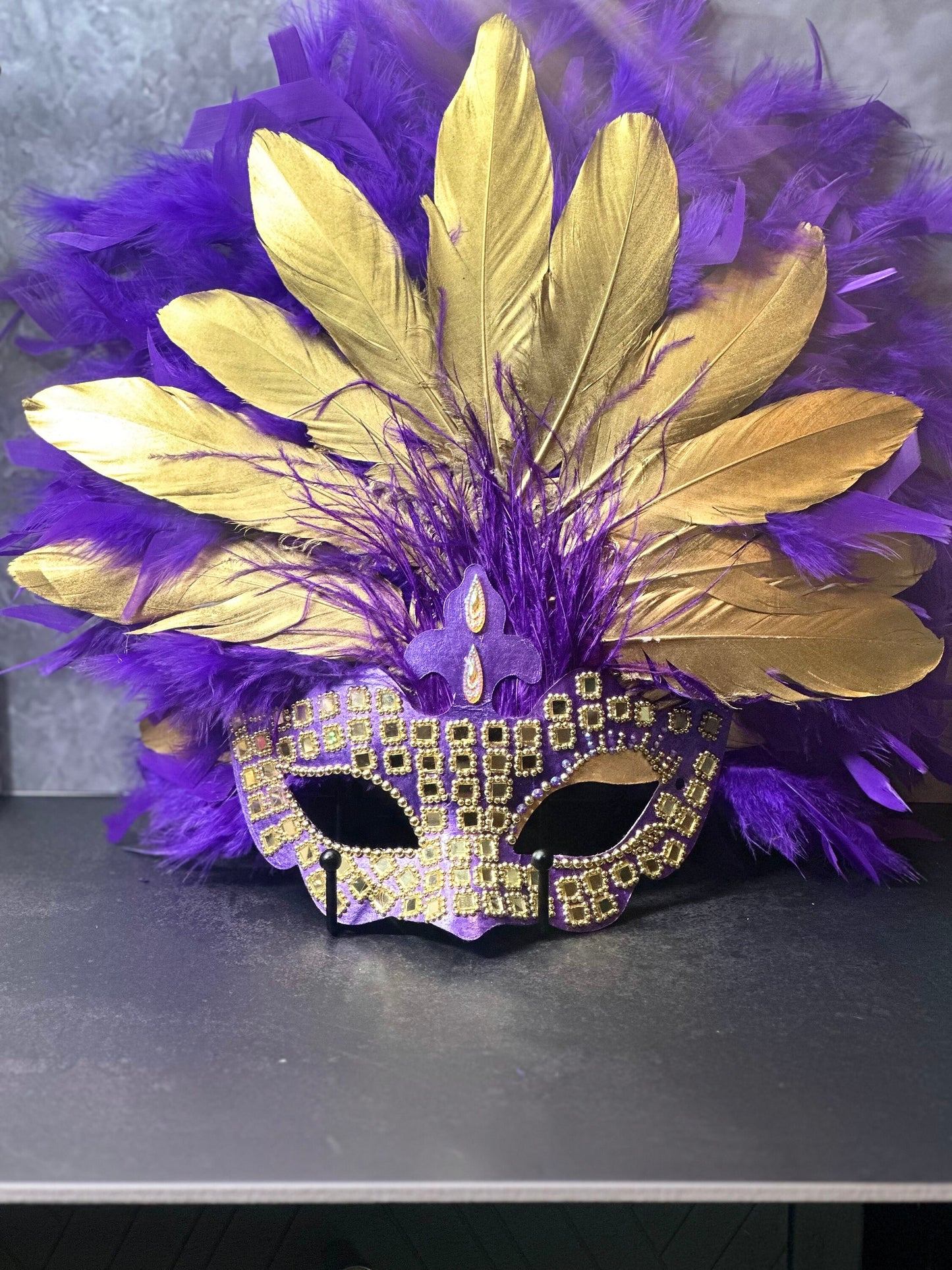 Feathered Masquerade Mask: Purple & Gold Home Decor