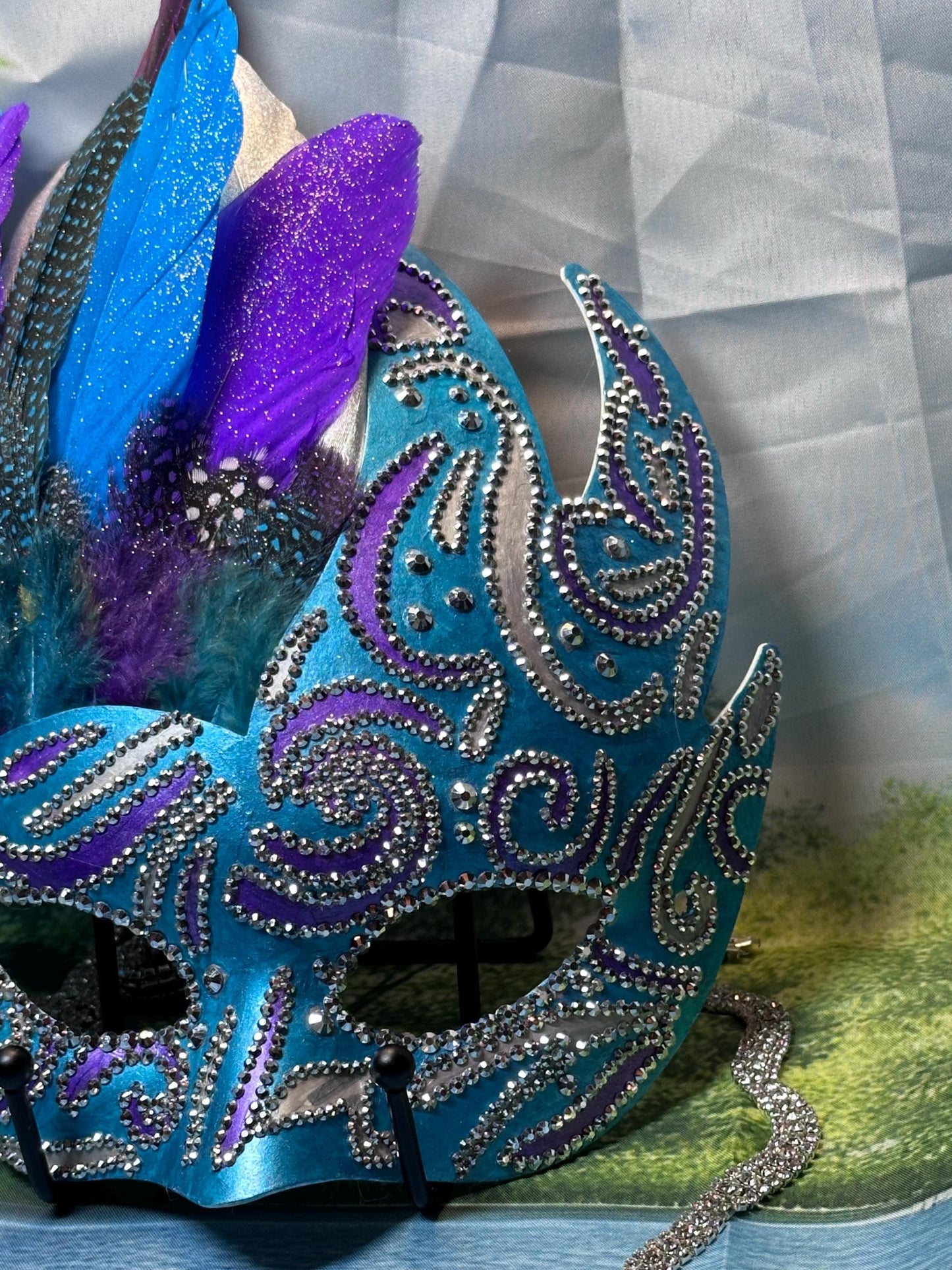 Feathered Masquerade Mask: Teal, Purple, and Silver Home Decor