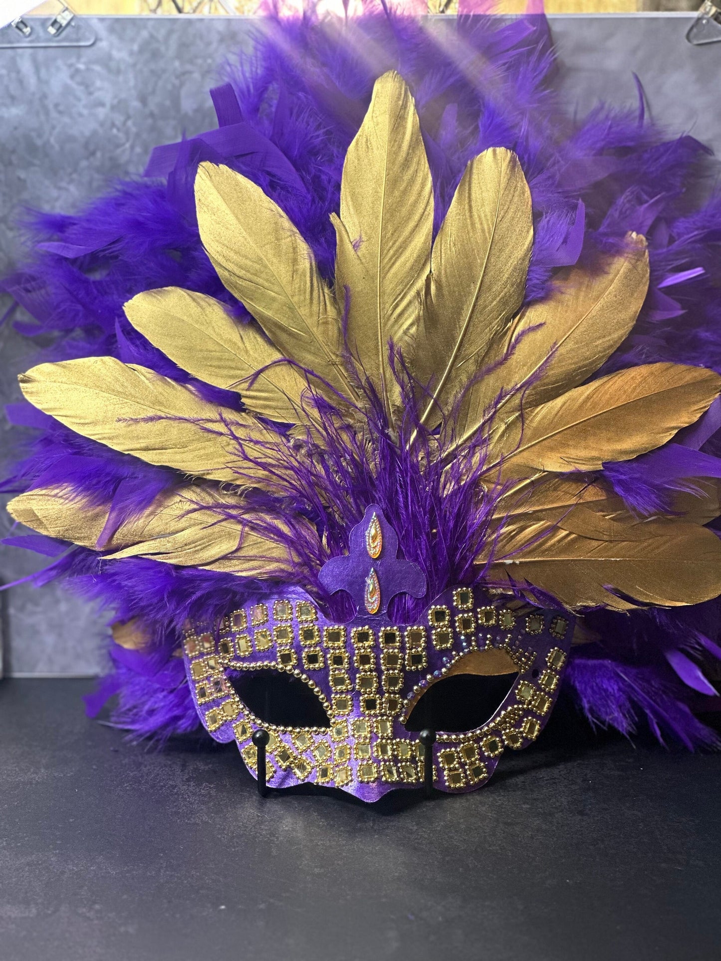 Feathered Masquerade Mask: Purple & Gold Home Decor