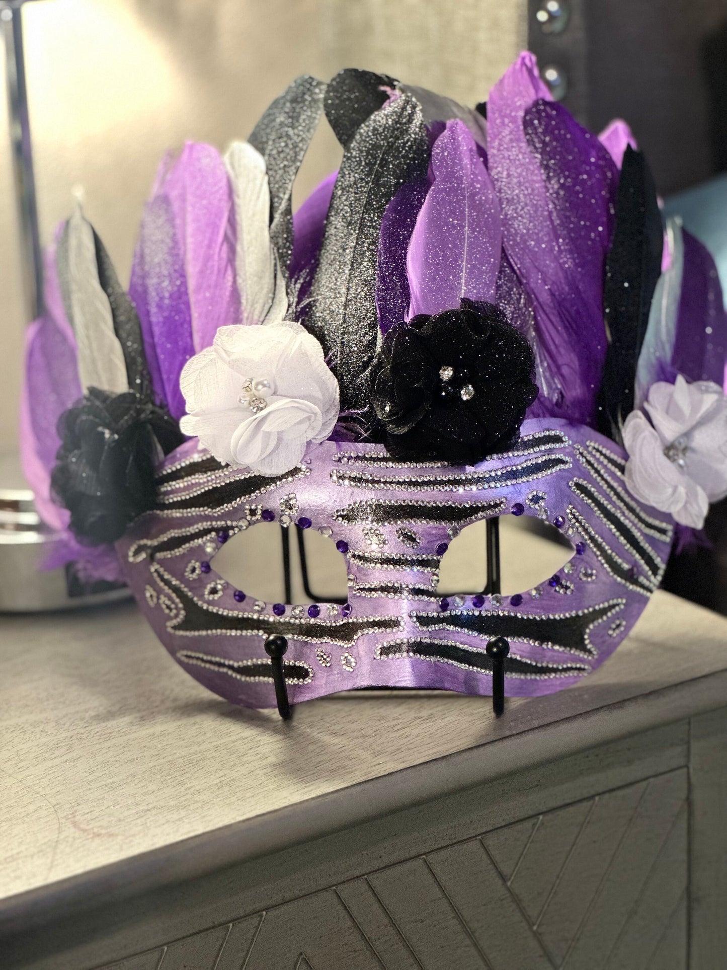 Purple Zebra Masquerade Mask: Feathered Home Decor