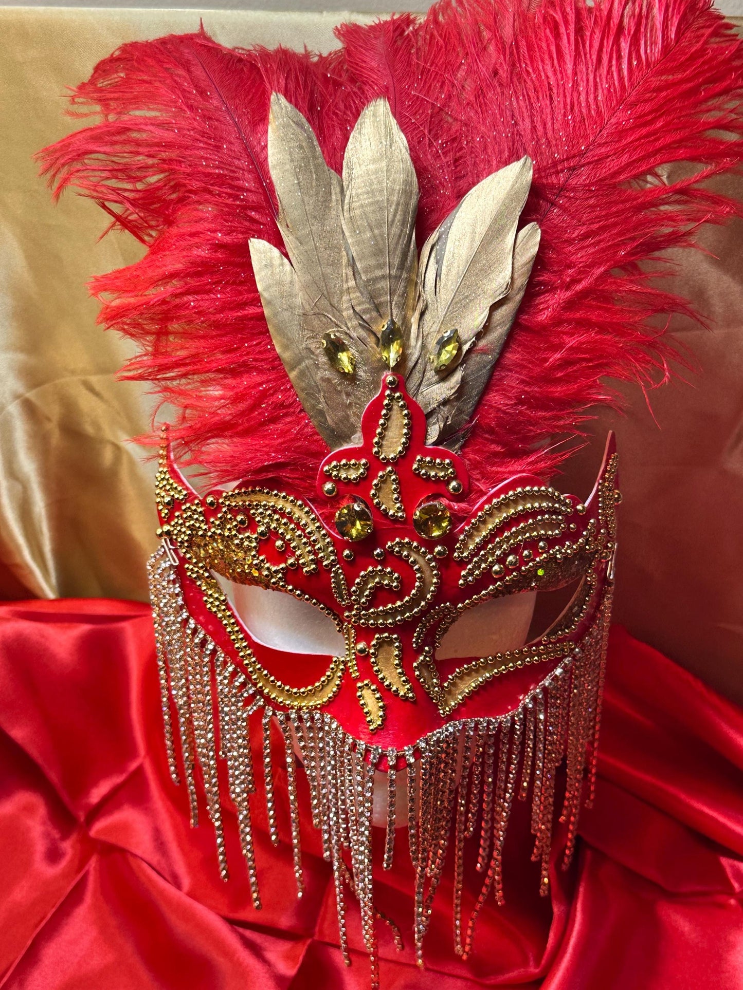 Royalty on Red: Feathered Masquerade Mask