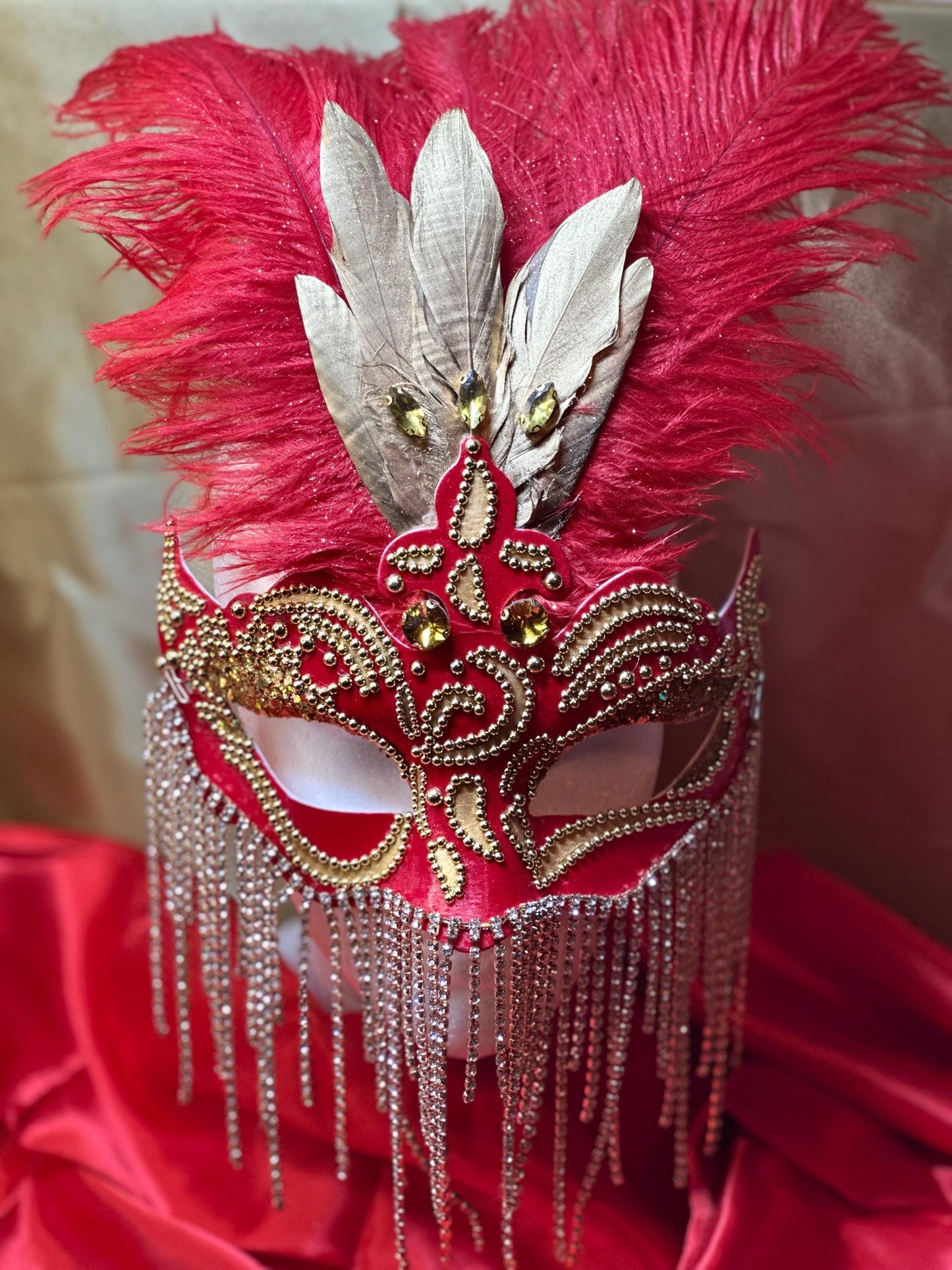 Royalty on Red: Feathered Masquerade Mask