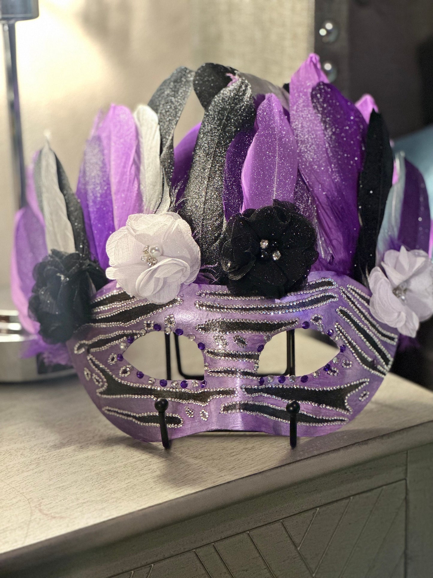 Purple Zebra Masquerade Mask: Feathered Home Decor
