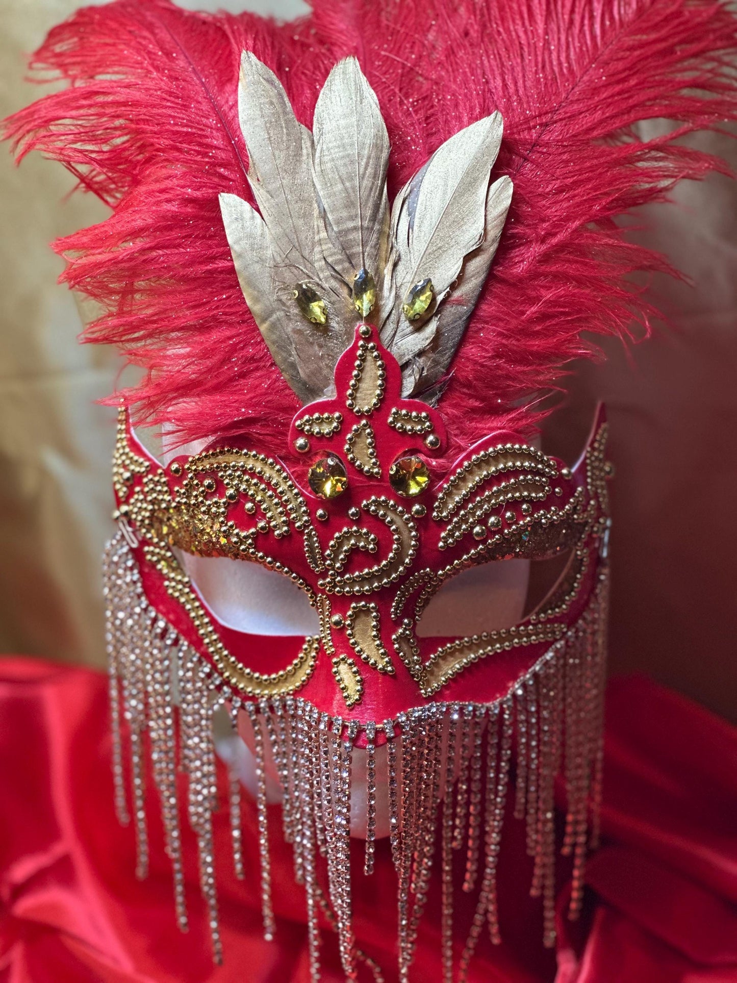 Royalty on Red: Feathered Masquerade Mask