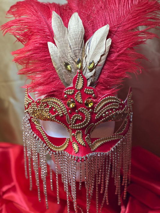 Royalty on Red: Feathered Masquerade Mask