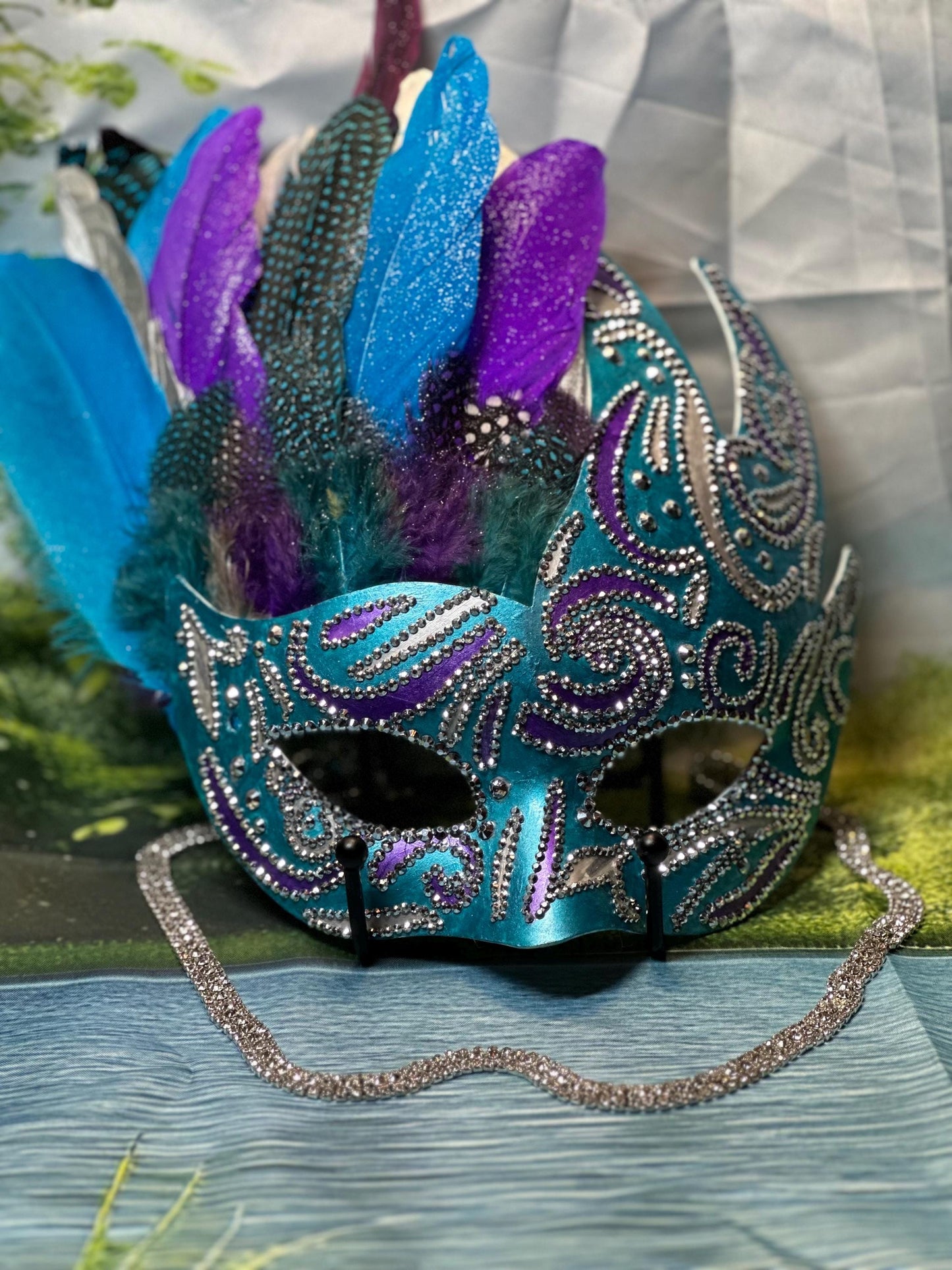 Feathered Masquerade Mask: Teal, Purple, and Silver Home Decor