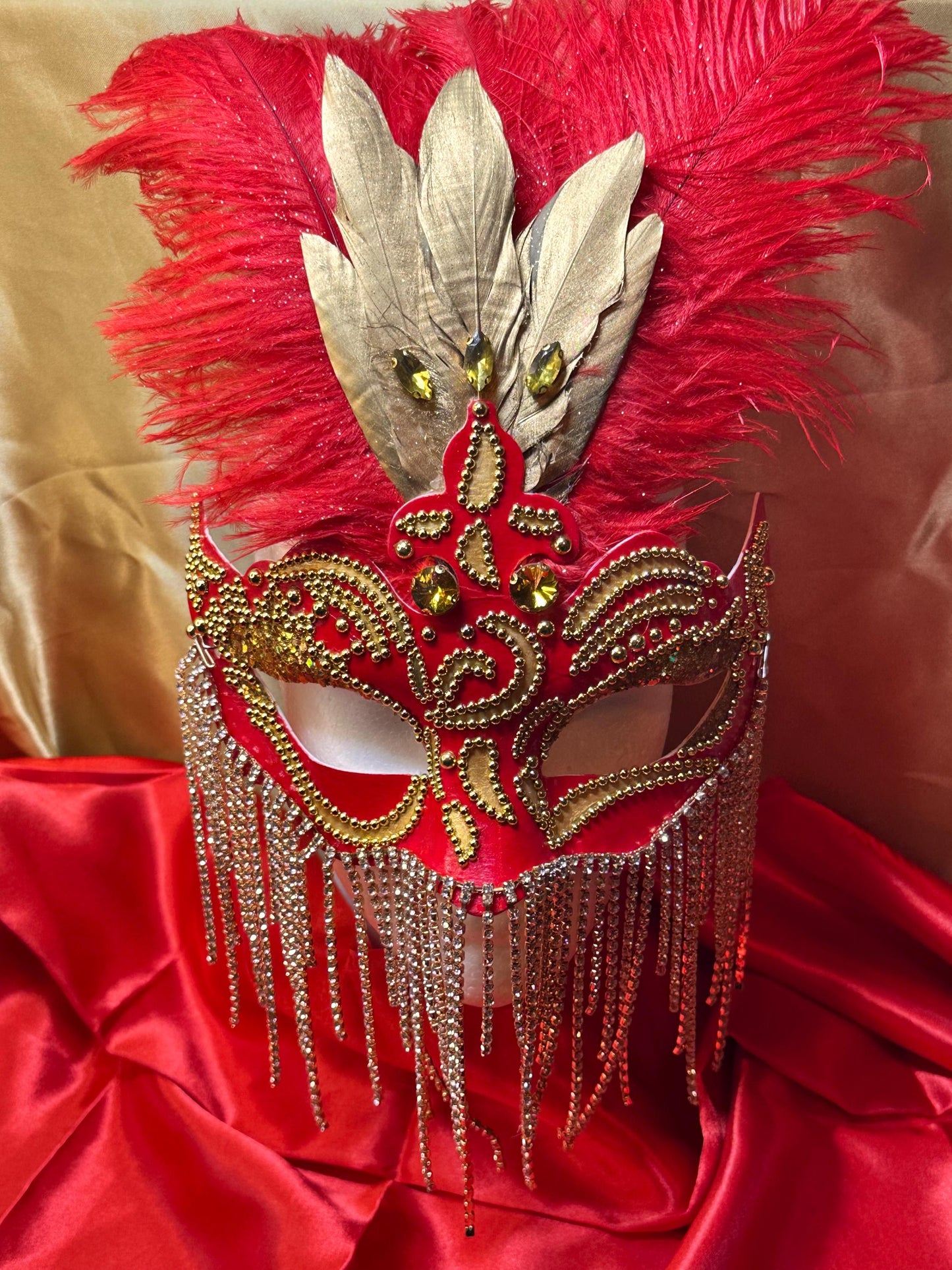 Royalty on Red: Feathered Masquerade Mask