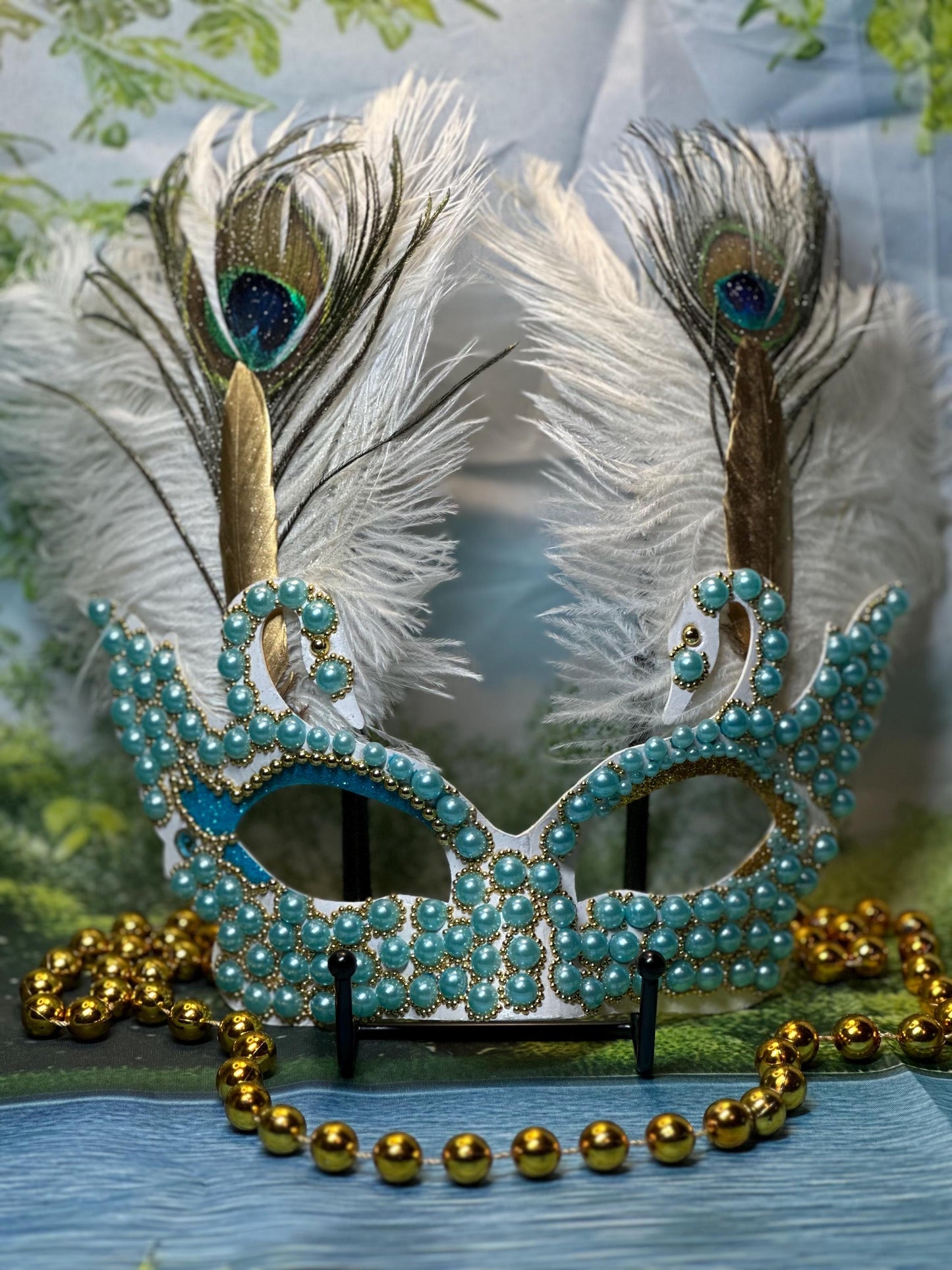 Beaded Masquerade Mask: Lakeside Tranquility