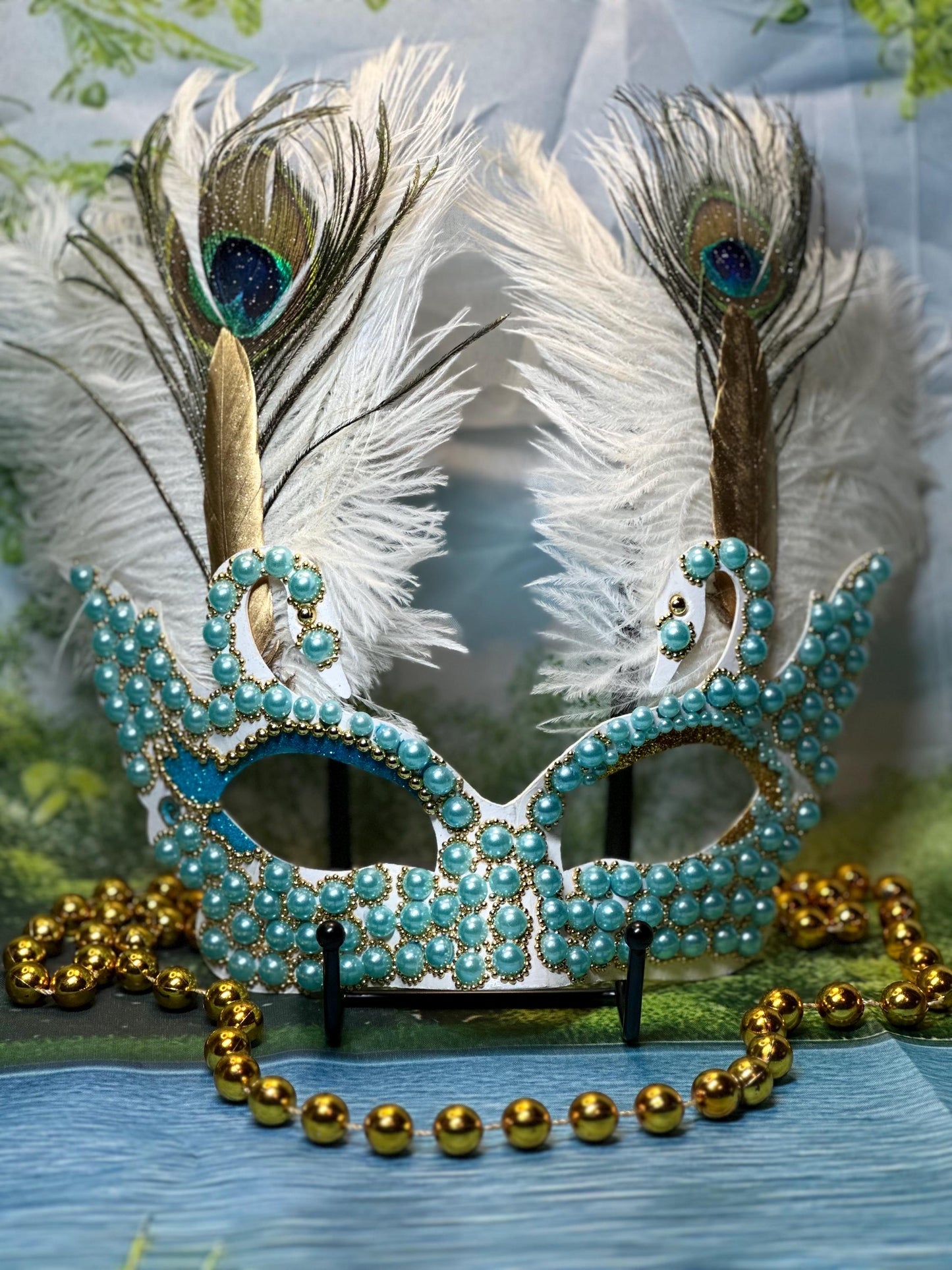 Beaded Masquerade Mask: Lakeside Tranquility