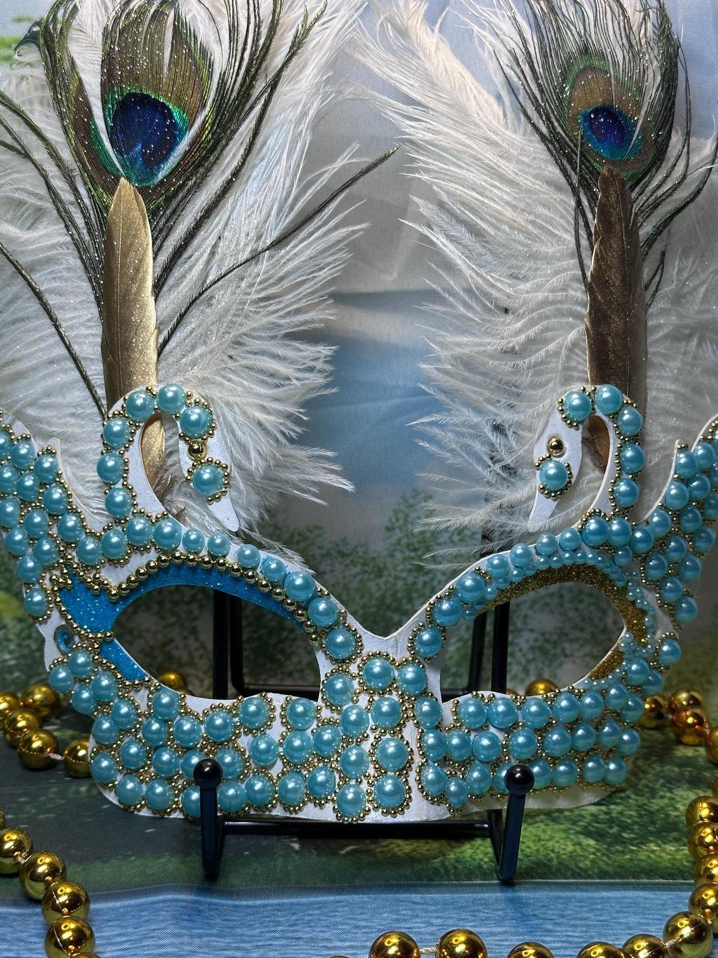 Beaded Masquerade Mask: Lakeside Tranquility