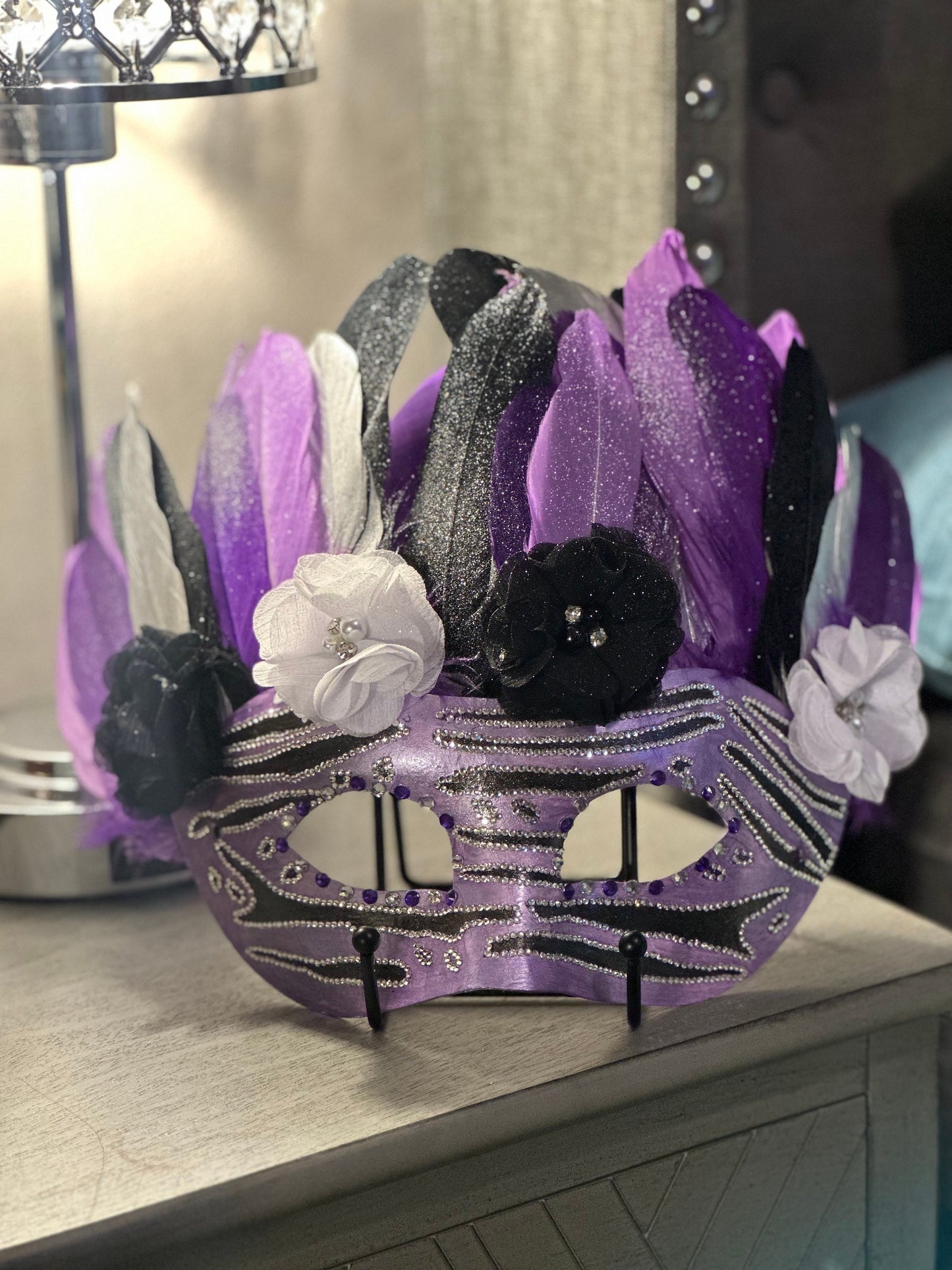 Purple Zebra Masquerade Mask: Feathered Home Decor