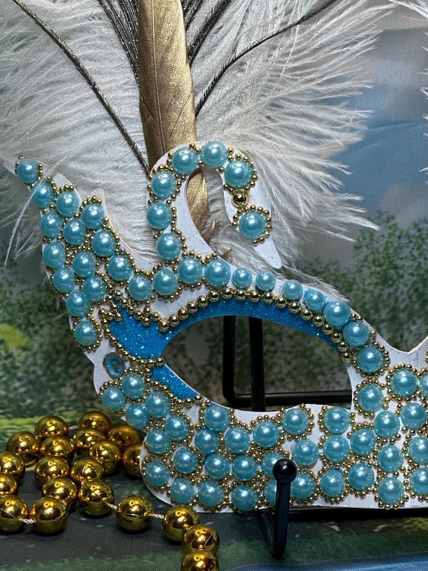 Beaded Masquerade Mask: Lakeside Tranquility
