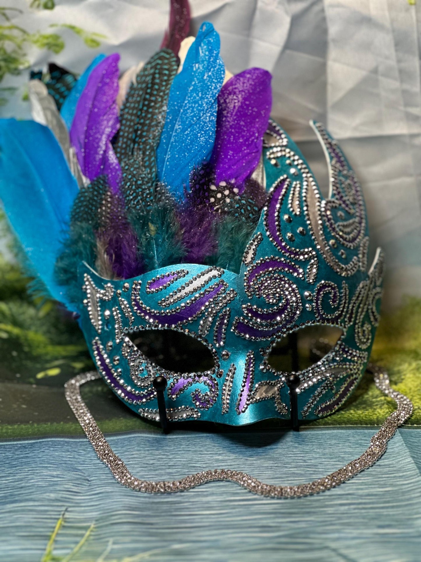 Feathered Masquerade Mask: Teal, Purple, and Silver Home Decor